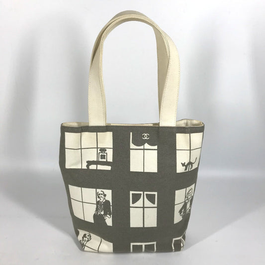 CHANEL Shoulder Bag canvas Gray x white Windows line Handbag Women