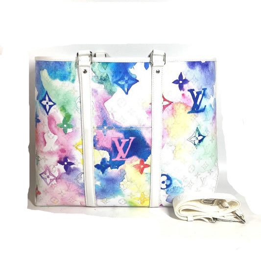 LOUIS VUITTON Tote Bag leather white watercolor monogram Weekend Tote GM unisex(Unisex)