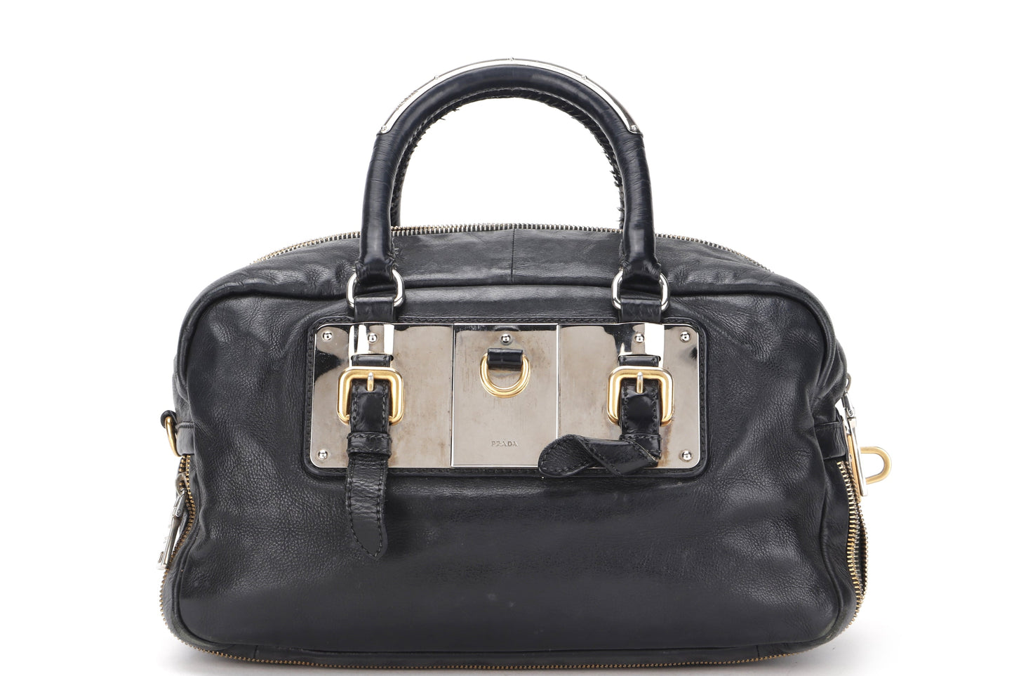 PRADA PLAQUE ZIPPERS BAULETTO BAG DARK BLUE GLACE CALF LEATHER SILVER MIX GOLD HARDWARE, WITH CARD, NO DUST COVER