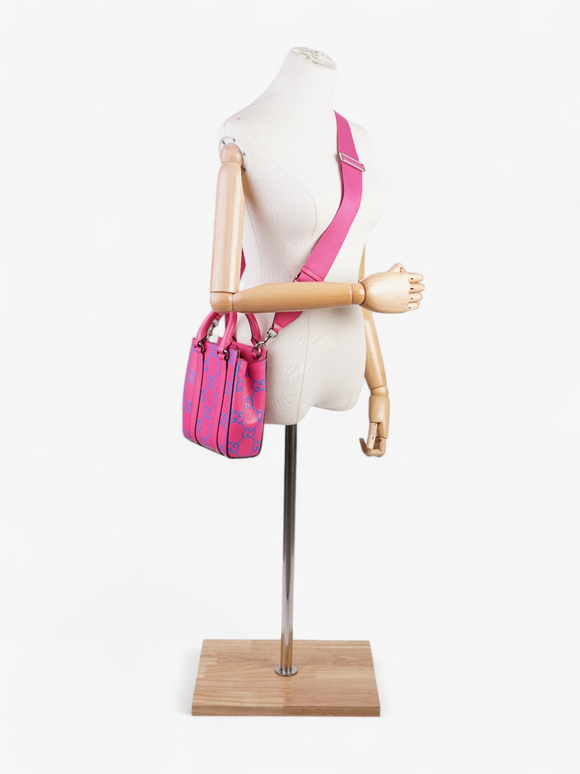 Gucci Mini Tote, GG logo Embossed Pink / Blue Leather