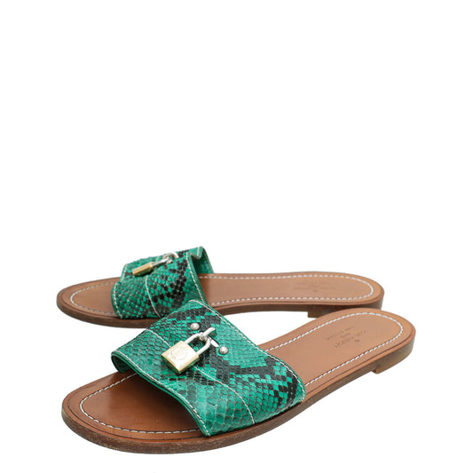 Louis Vuitton Green Python Dubai Exclusive Lock IT Flat Mules 37