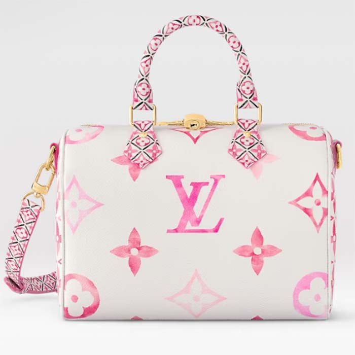 Louis Vuitton Women LV Bandoulière 25 Pink Monogram Coated Canvas Double Zip Padlock
