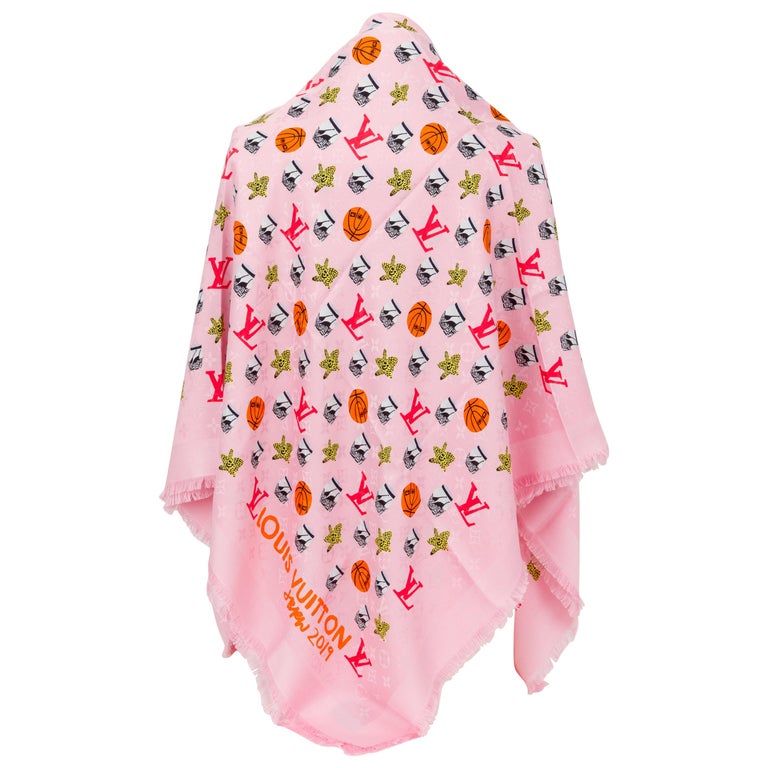 LOUIS VUITTON Jonas Wood Silk Wool Monogram Stole Pink