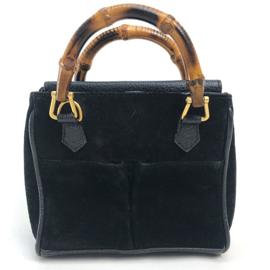 GUCCI Shoulder Bag Suede / leather Black x brown Pochette Bamboo Women