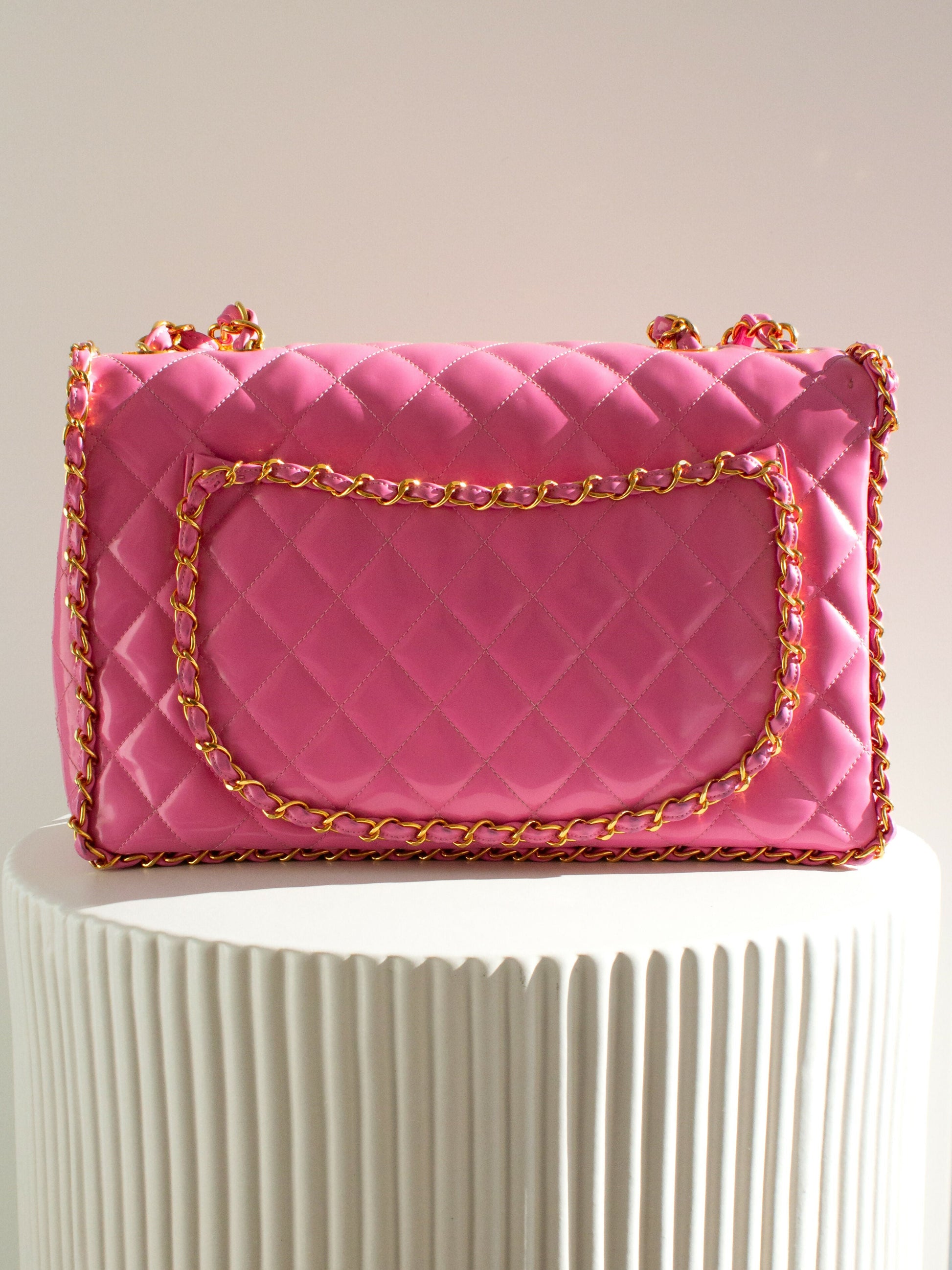 Chanel S/S1995 Barbie Pink 24K Gold Chain Around Patent Lambskin Jumbo XL 95P Bag