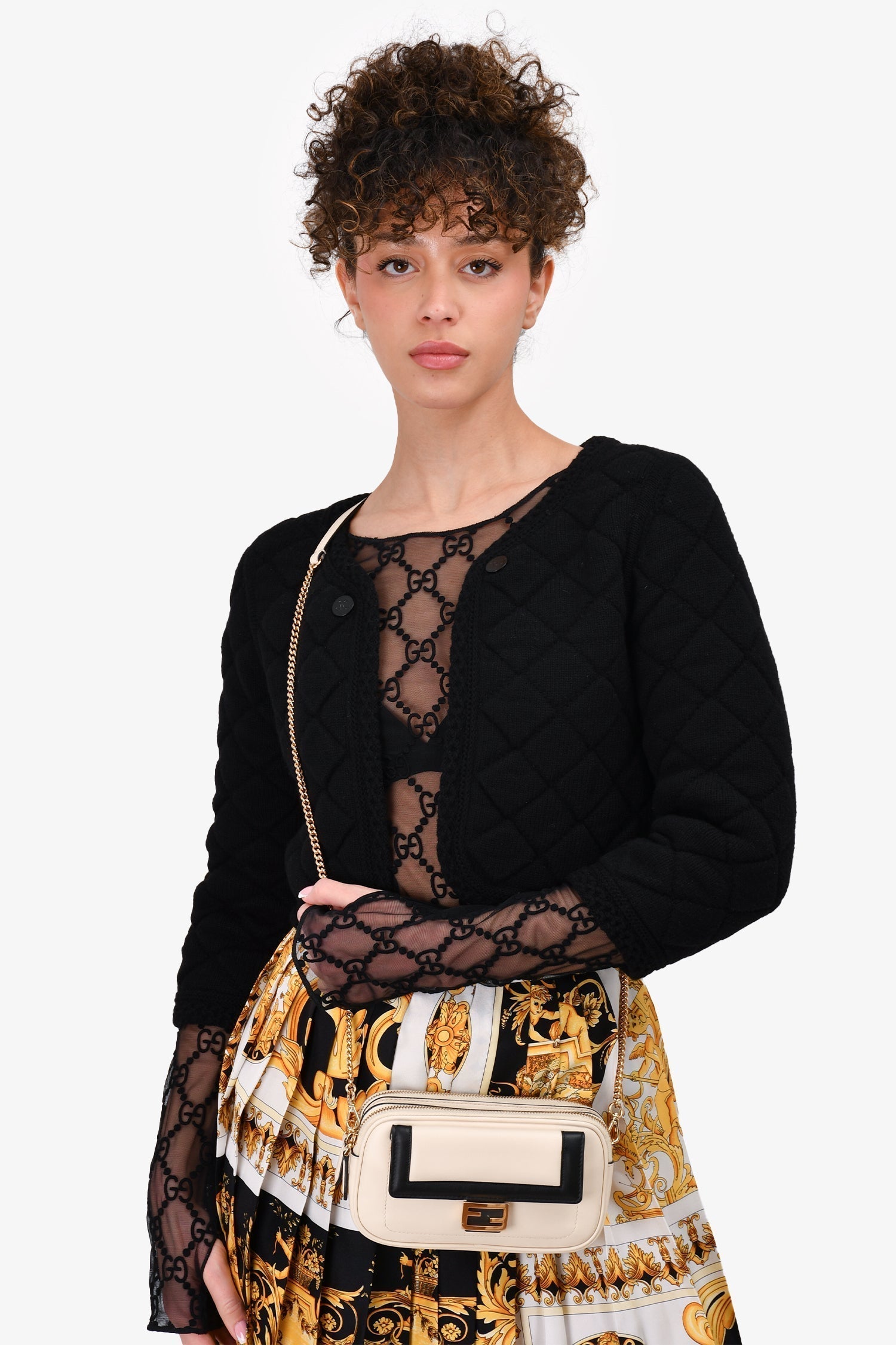 Fendi Cream/Black Leather Mini Baguette