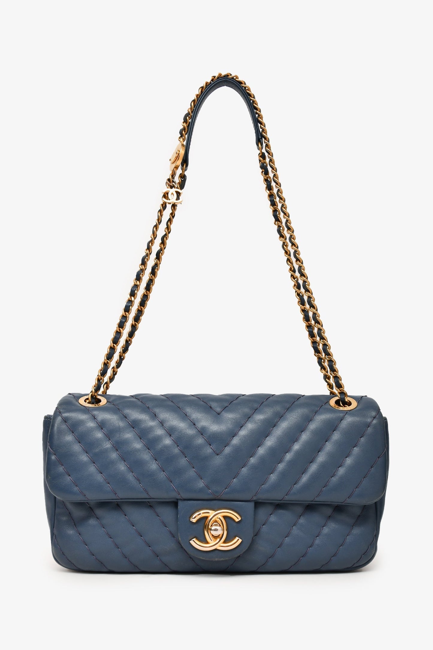 Chanel 2012 Blue Quilted Chevron Single Flap Medallion Charm Chain Bag