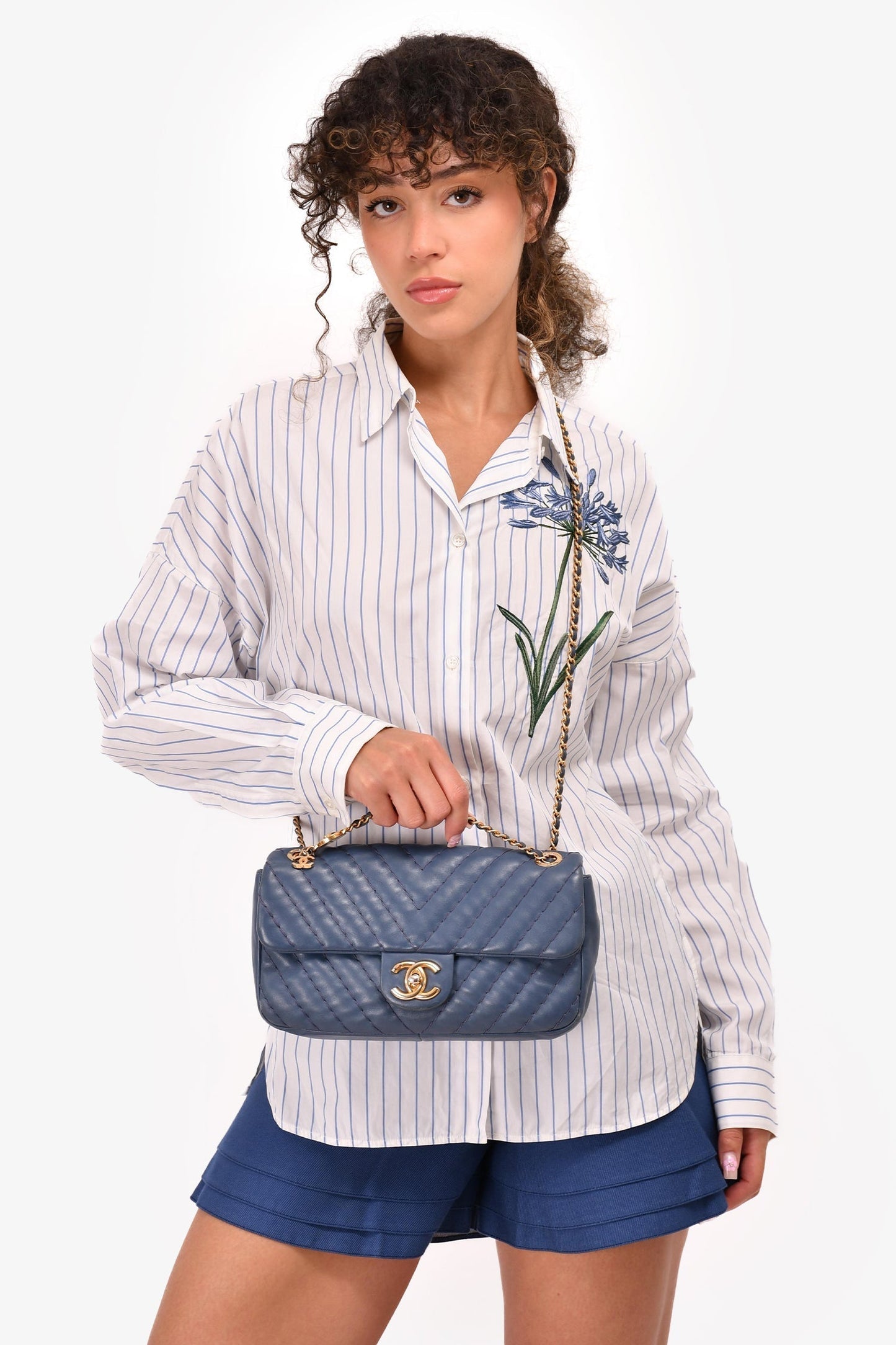Chanel 2012 Blue Quilted Chevron Single Flap Medallion Charm Chain Bag