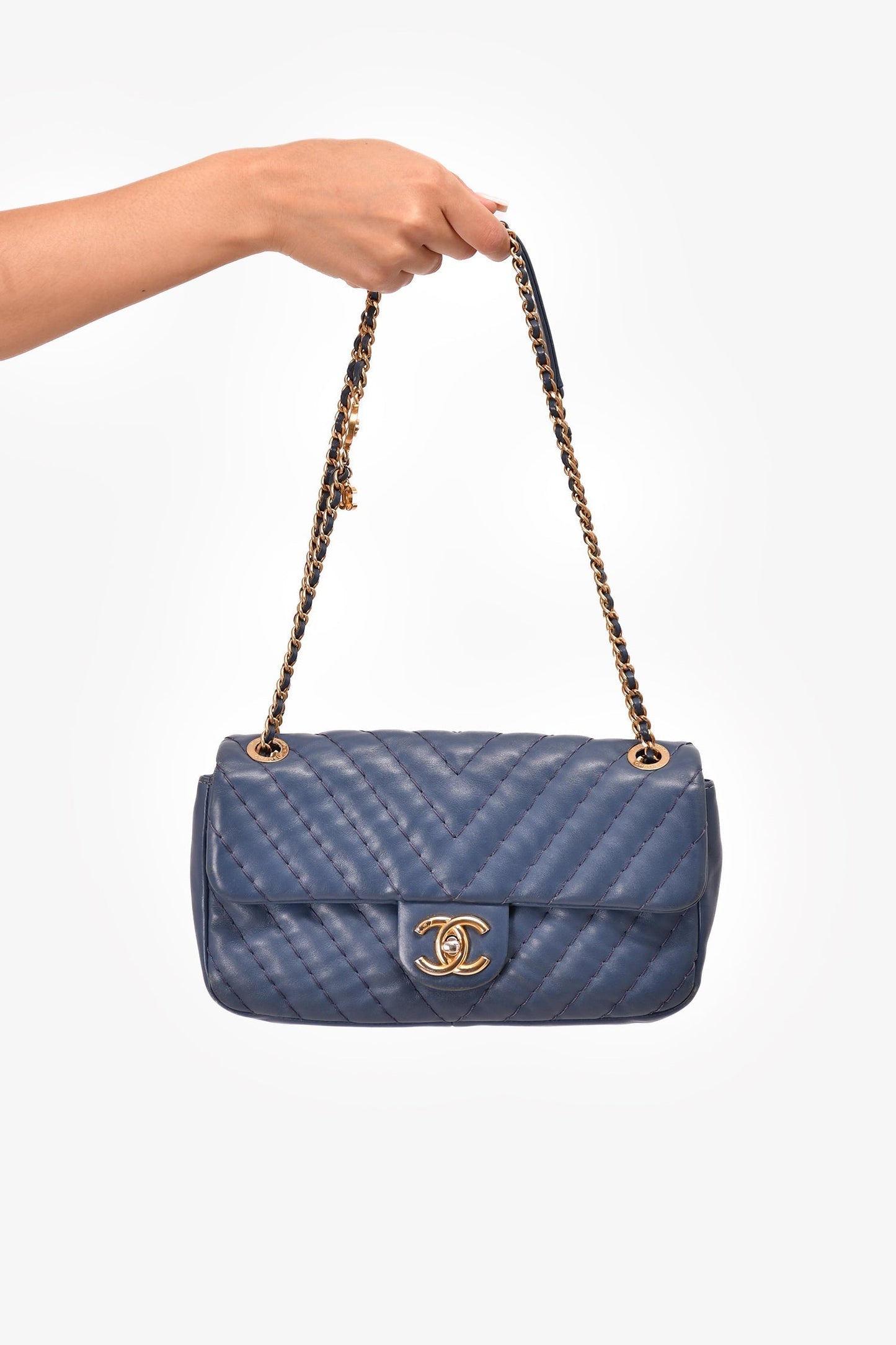 Chanel 2012 Blue Quilted Chevron Single Flap Medallion Charm Chain Bag