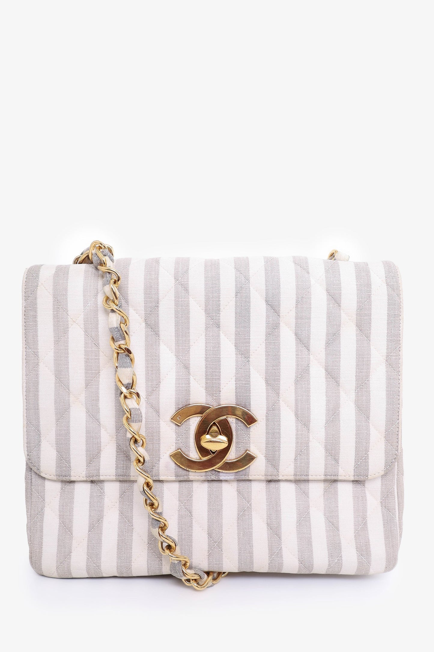 Chanel 1994-96 Grey/White Striped Chain Shoulder Bag