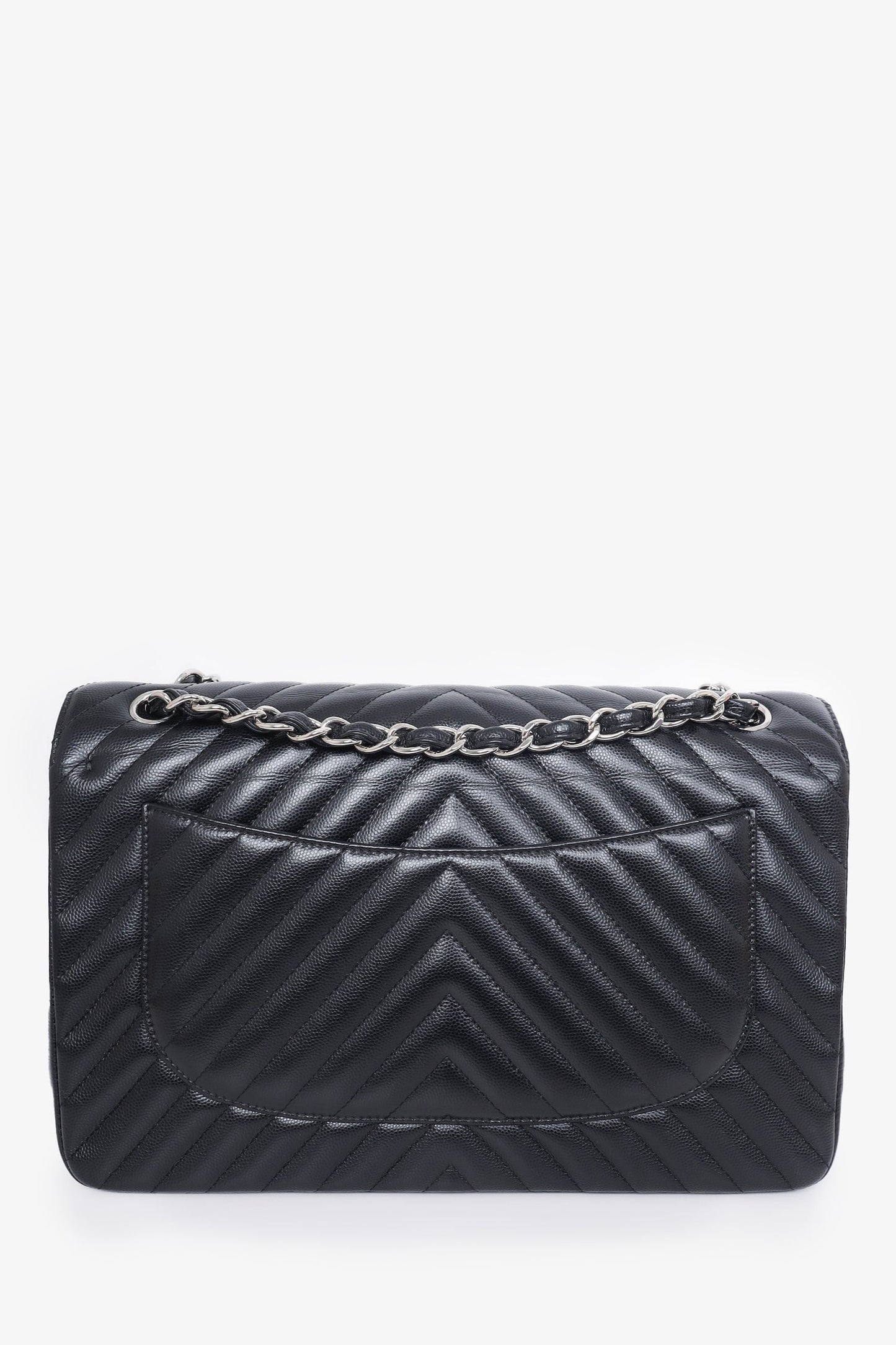 Chanel 2016-17 Black Chevron Caviar Leather Jumbo Double Flap Shoulder Bag
