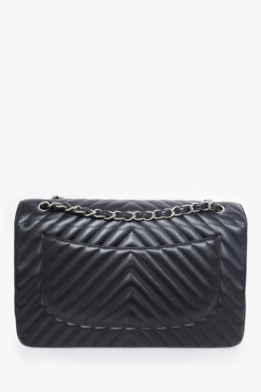 Chanel 2016-17 Black Chevron Caviar Leather Jumbo Double Flap Shoulder Bag