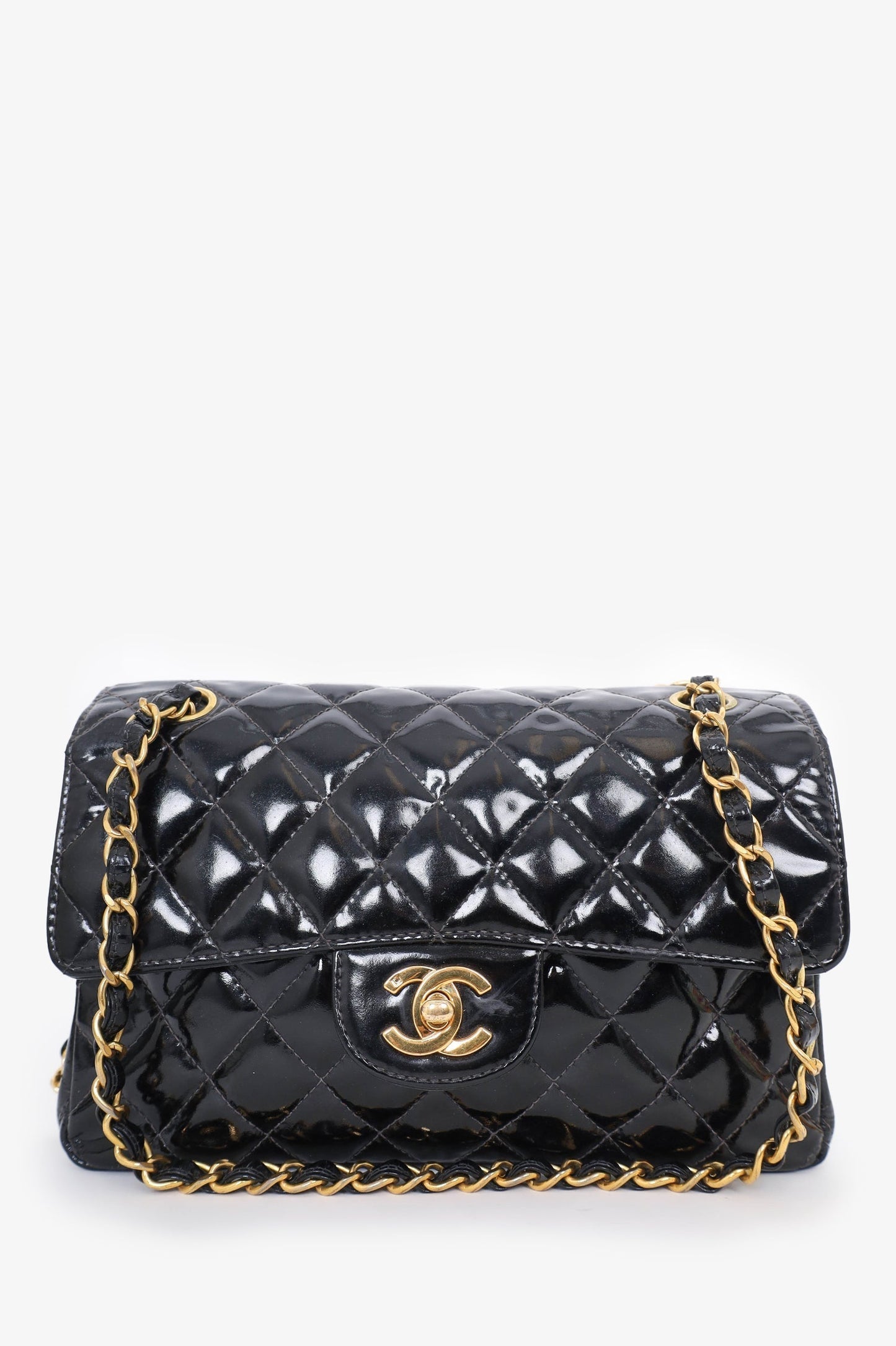 Chanel 1996-97 Black Quilted Patent Double Sided Flap Bag
