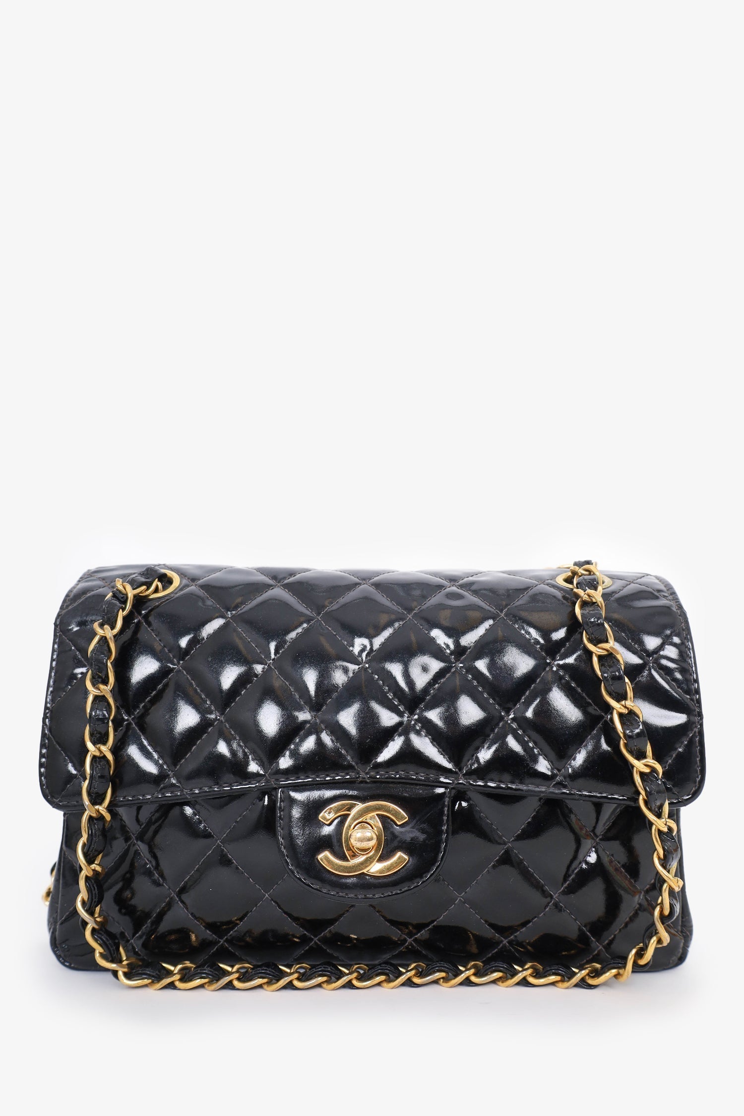 Chanel 1996-97 Black Quilted Patent Double Sided Flap Bag