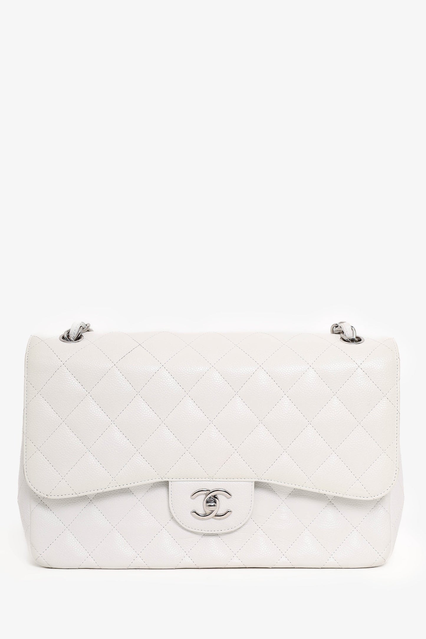 Chanel 2011 White Caviar Leather Jumbo Classic Flap Shoulder Bag