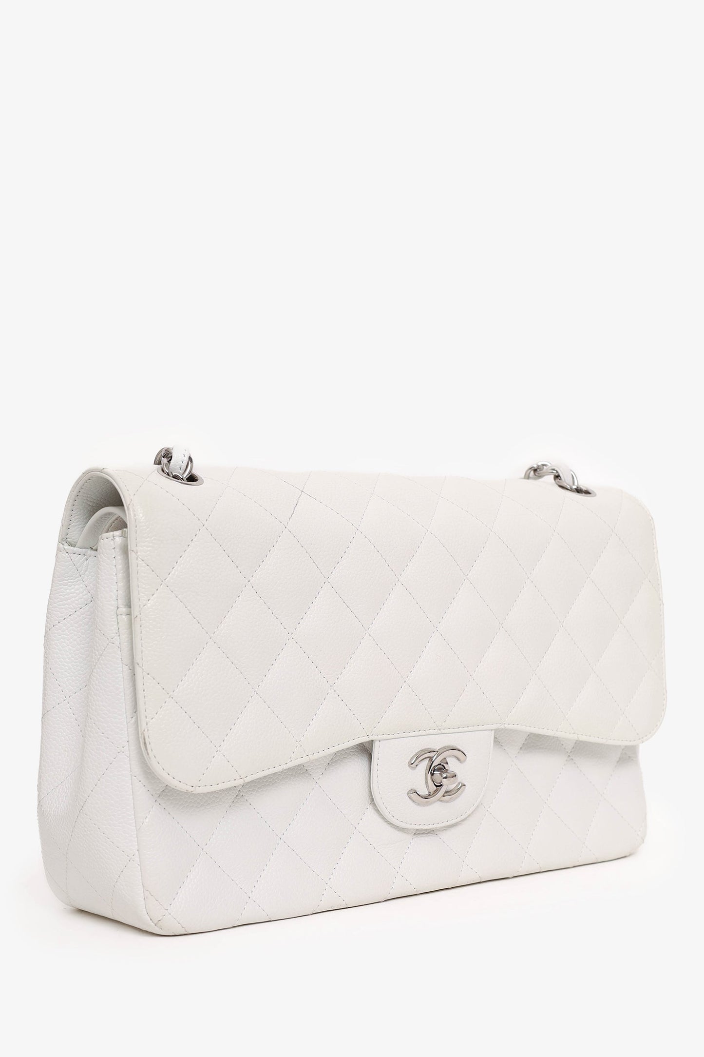 Chanel 2011 White Caviar Leather Jumbo Classic Flap Shoulder Bag
