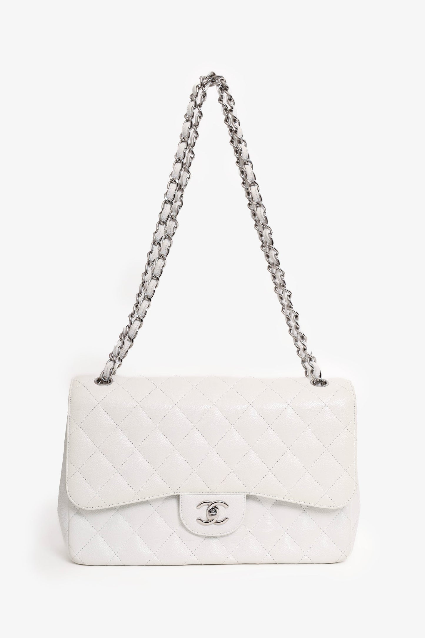 Chanel 2011 White Caviar Leather Jumbo Classic Flap Shoulder Bag