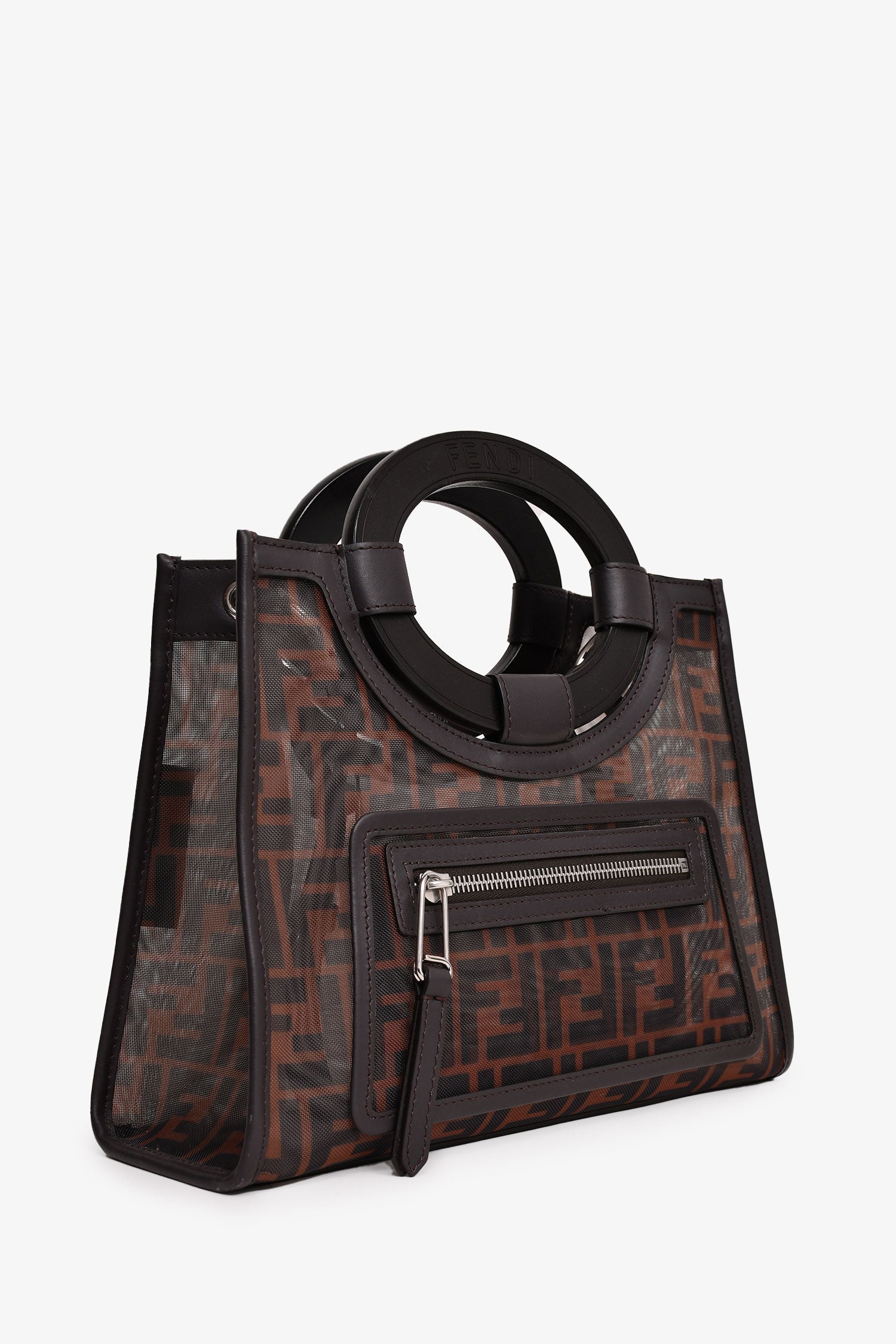 Fendi Brown Mesh Small FF Runaway Shopper Tote with Strap