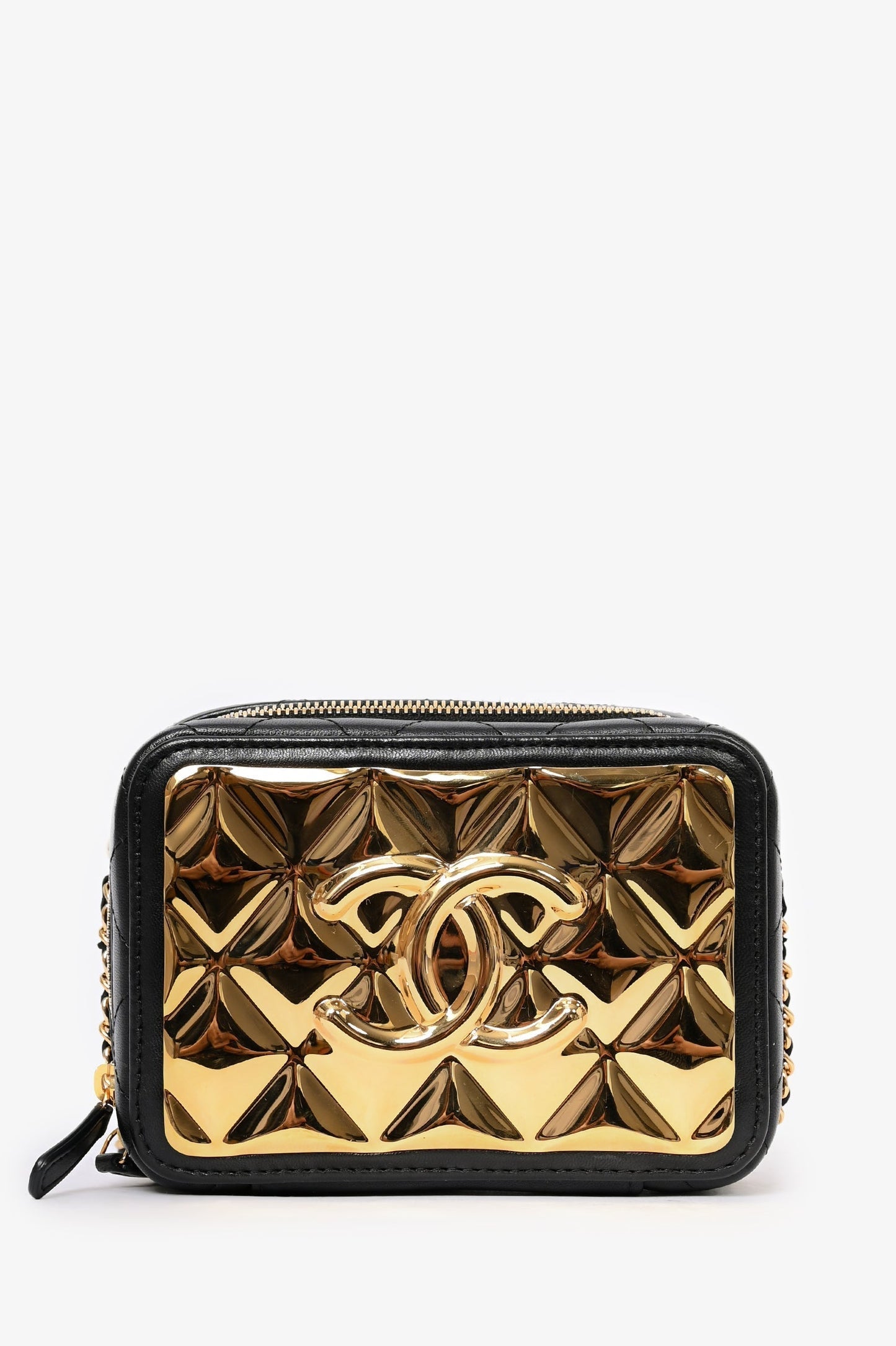 Chanel 2021 Black Leather Gold CC Plate Mini Vanity Crossbody