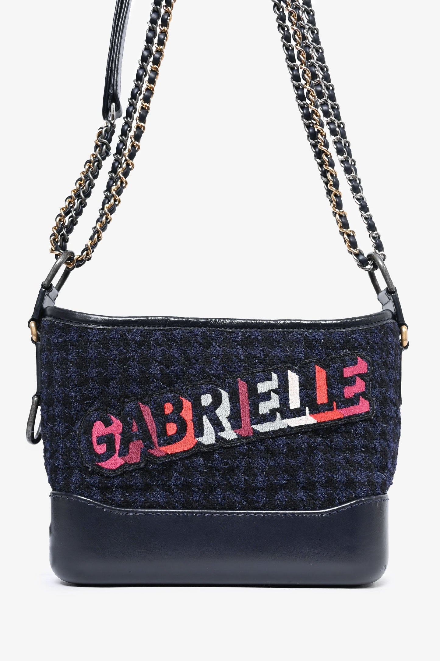 Chanel 2017 Black Leather/Navy Tweed Small Gabrielle Shoulder Bag (As Is)