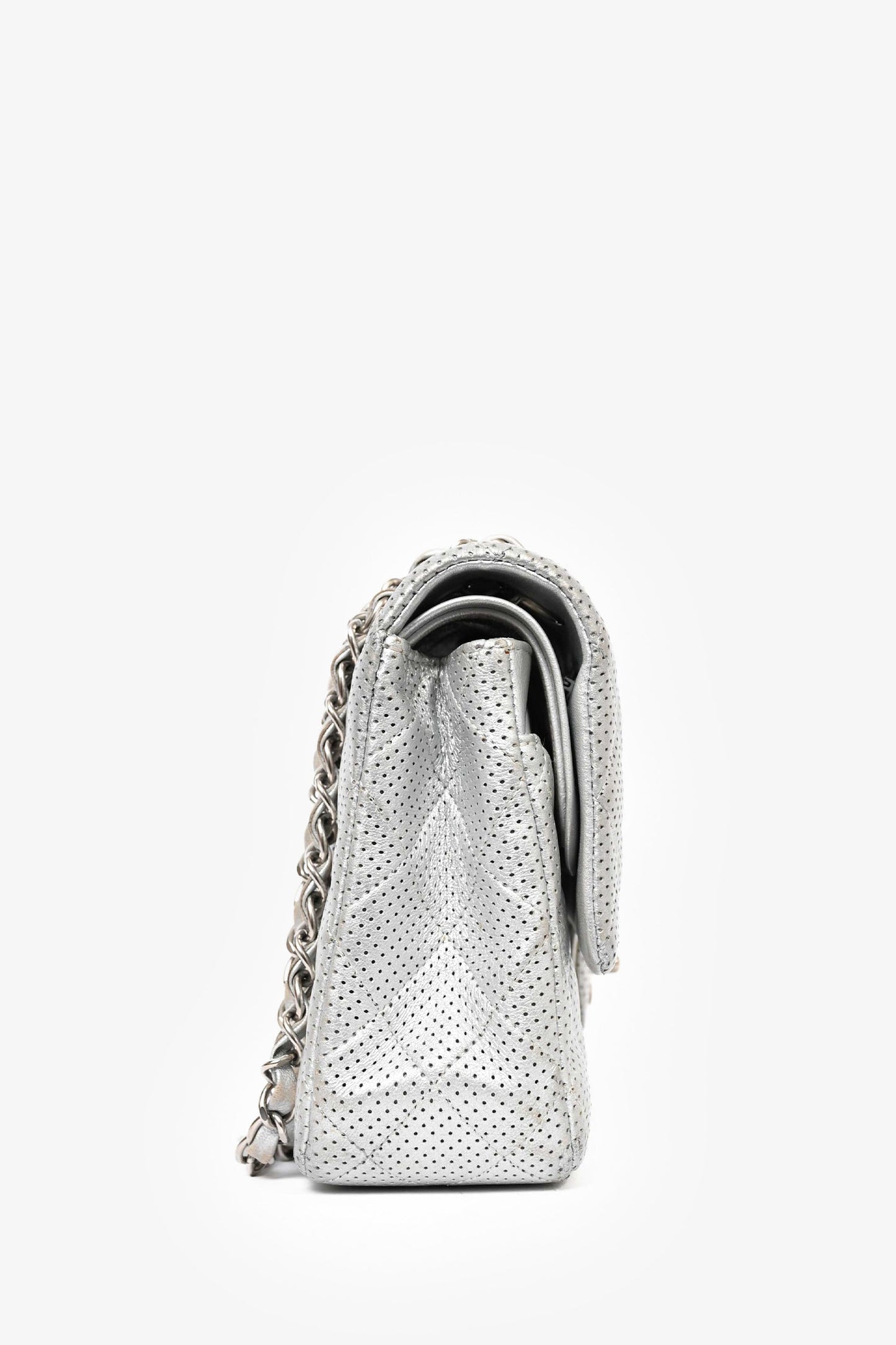 Chanel 2014 Silver Perforated Leather Medium Double Flap Shoulder Bag