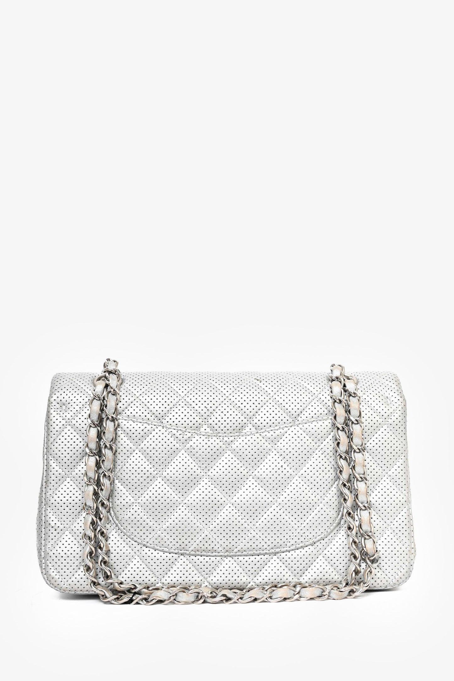 Chanel 2014 Silver Perforated Leather Medium Double Flap Shoulder Bag