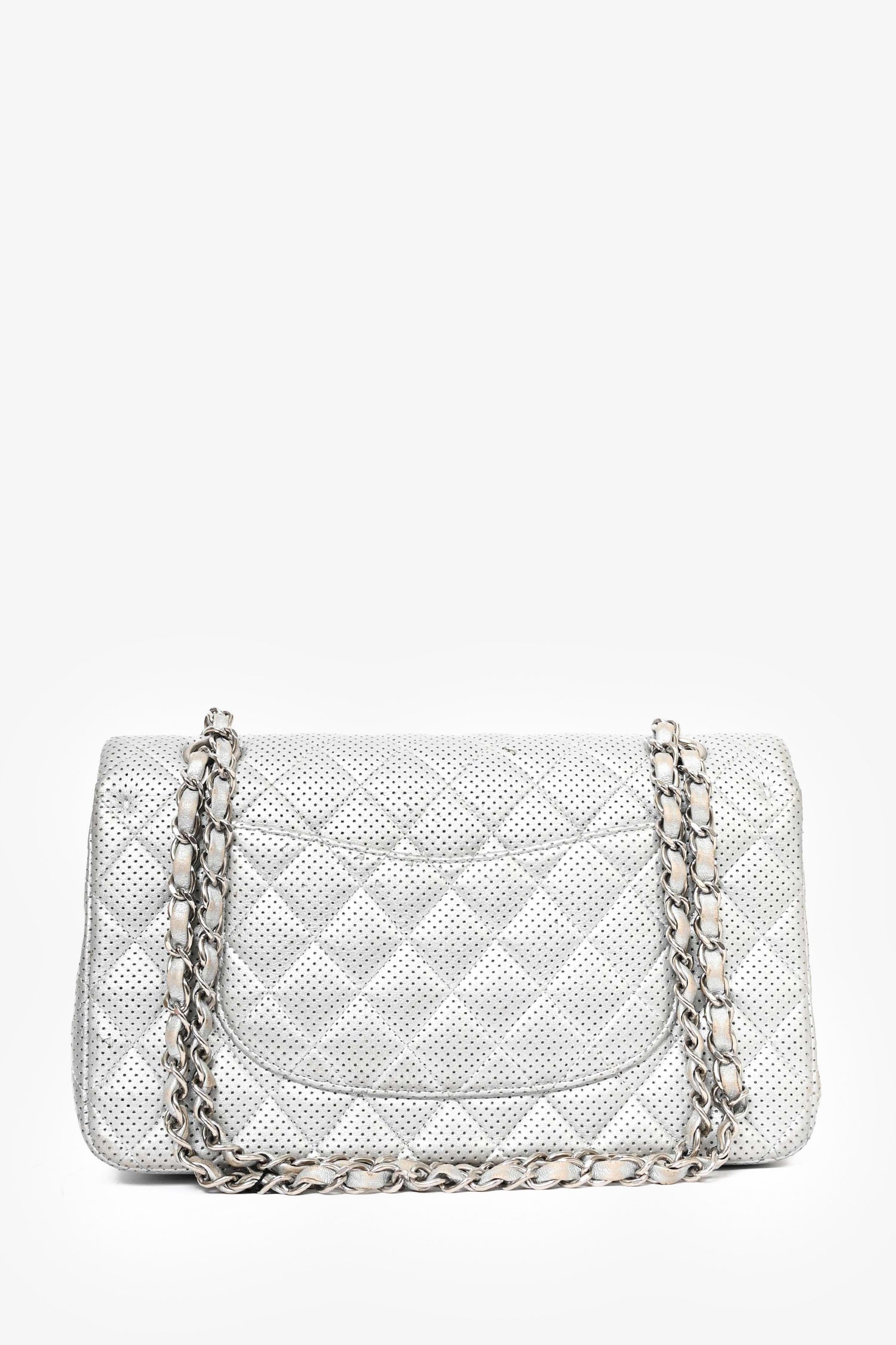 Chanel 2014 Silver Perforated Leather Medium Double Flap Shoulder Bag