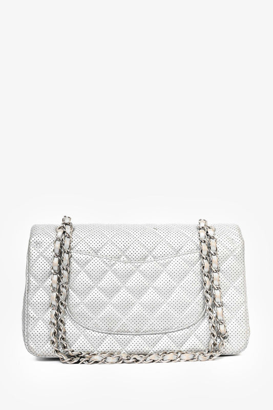 Chanel 2014 Silver Perforated Leather Medium Double Flap Shoulder Bag