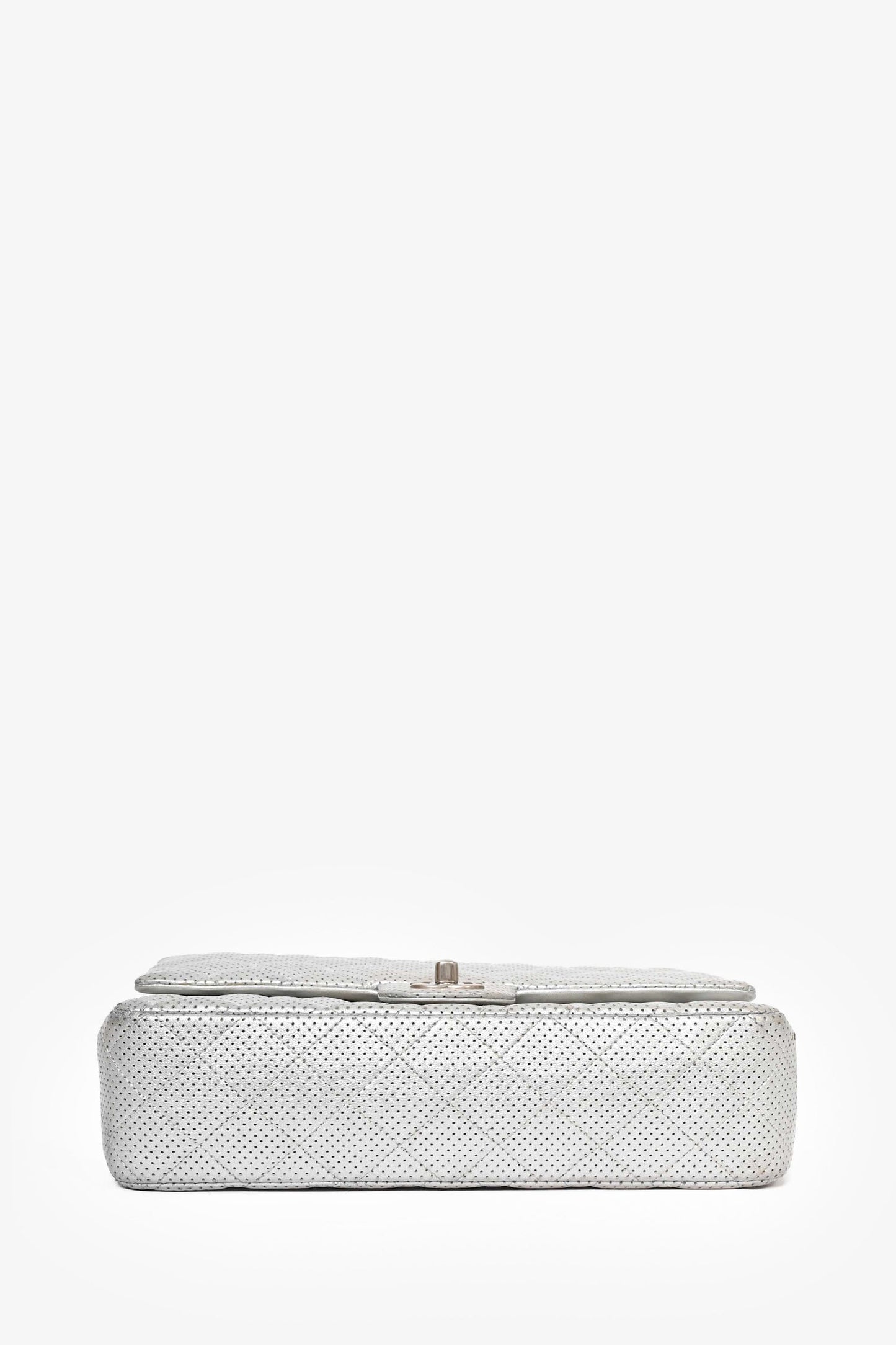 Chanel 2014 Silver Perforated Leather Medium Double Flap Shoulder Bag