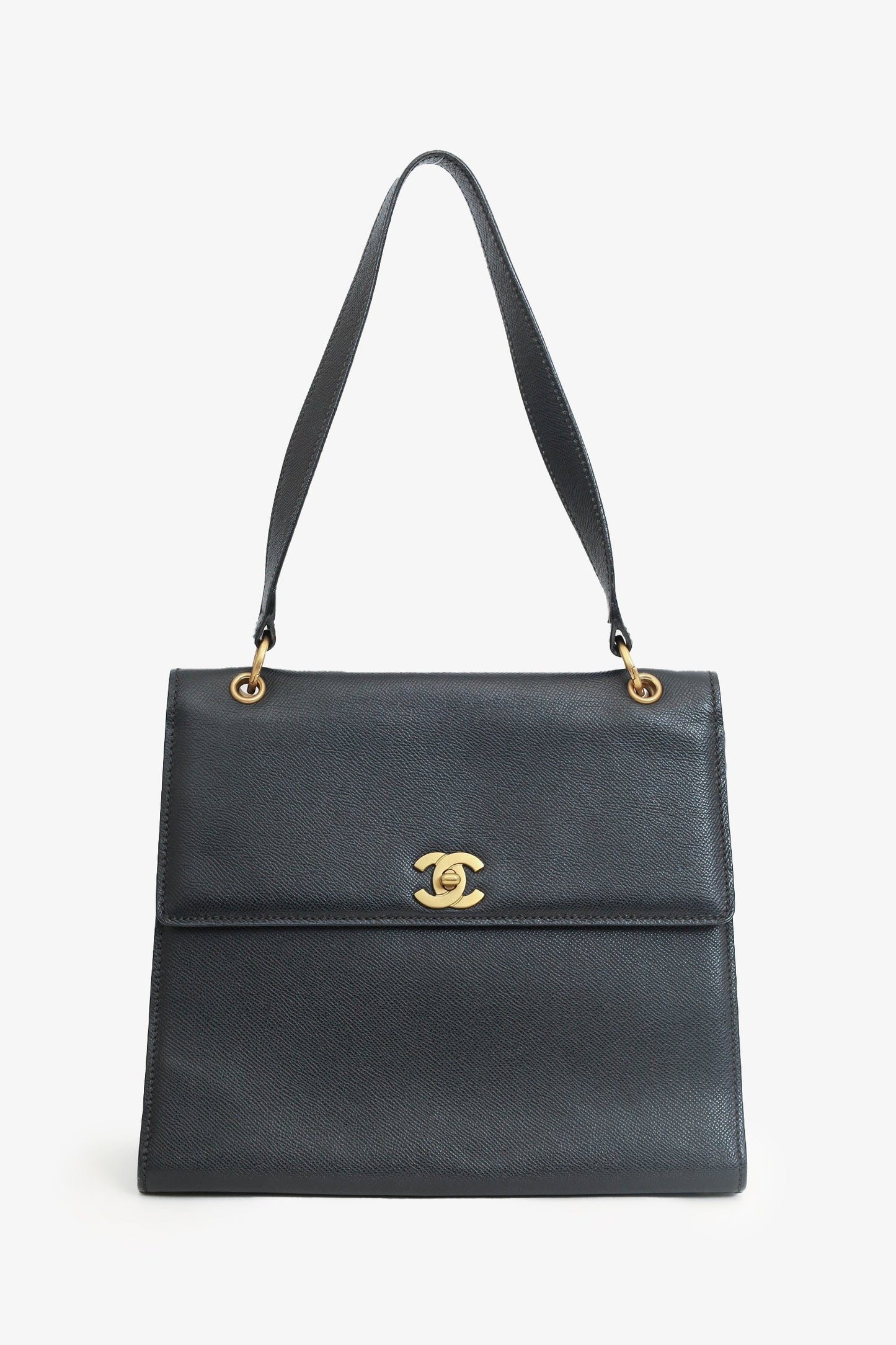 Chanel 1997-99 Black Caviar Leather Straight Flap Shoulder Bag