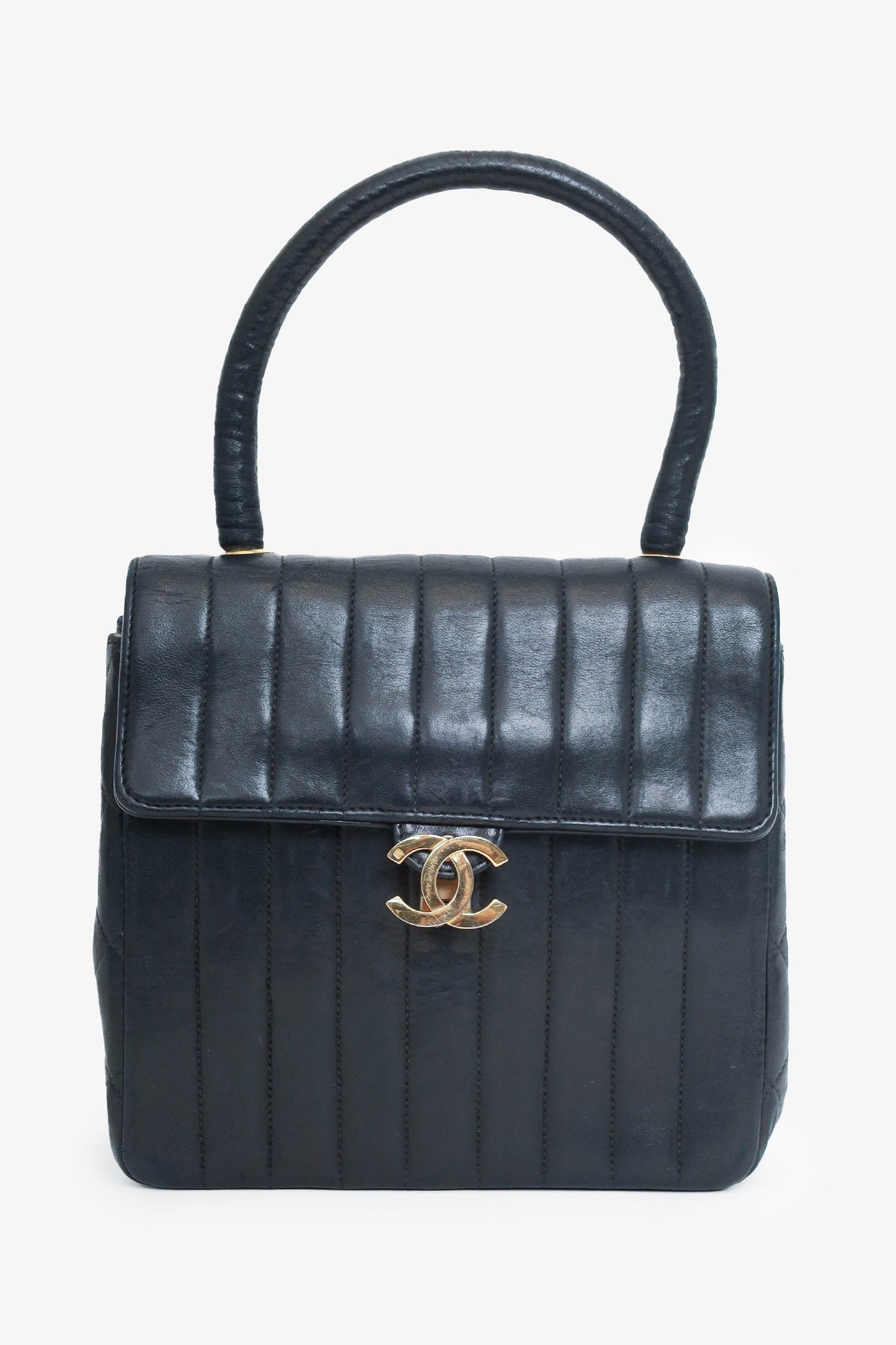 Chanel 1991-94 Black Vertical Quilted Lambskin Top Handle Bag