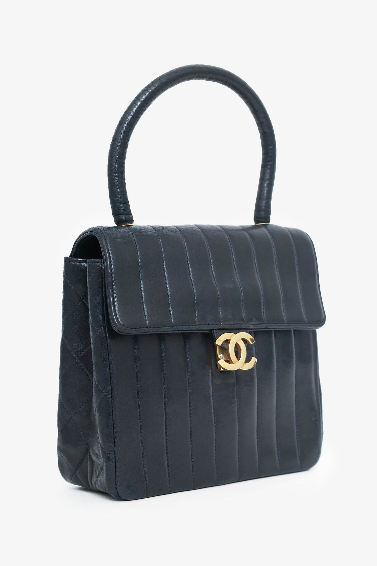 Chanel 1991-94 Black Vertical Quilted Lambskin Top Handle Bag