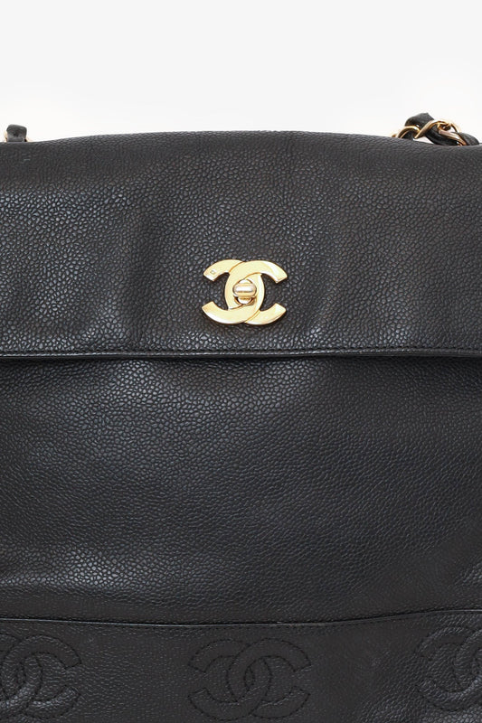 Chanel 1996-97 Black Caviar Leather Triple CC Shoulder Bag
