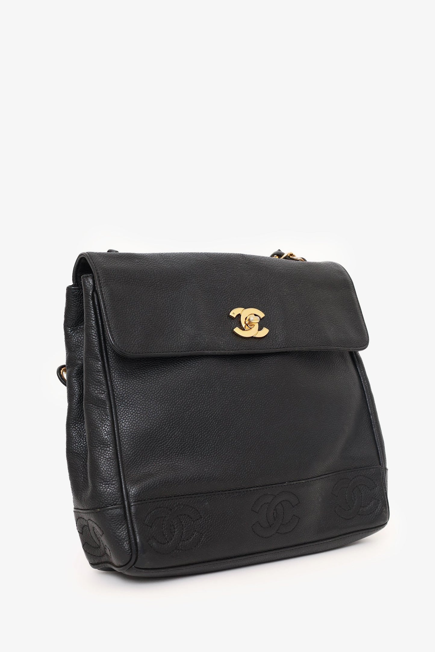 Chanel 1996-97 Black Caviar Leather Triple CC Shoulder Bag
