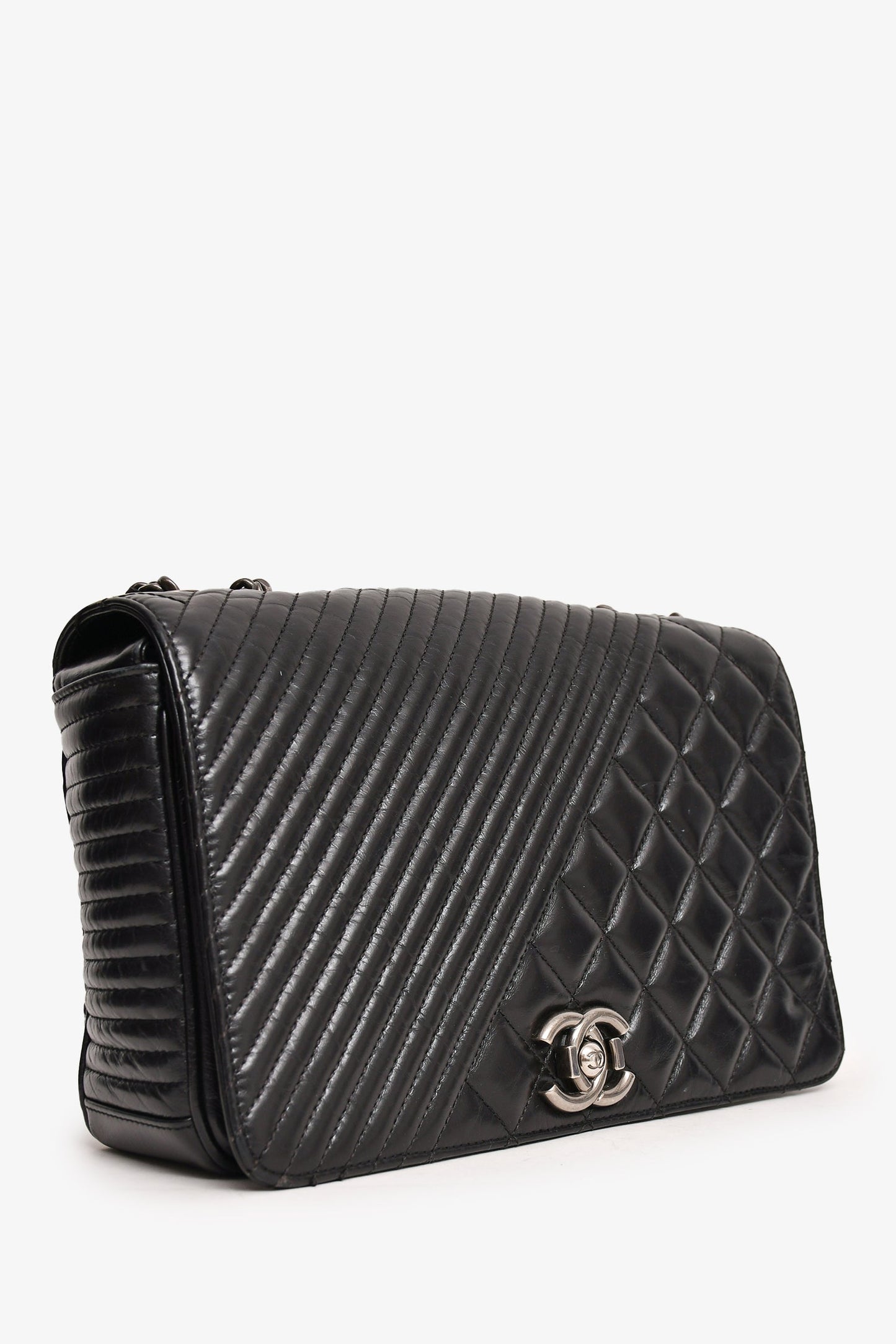 Chanel 2014 Black Glazed Leather Coco Boy Flap Bag