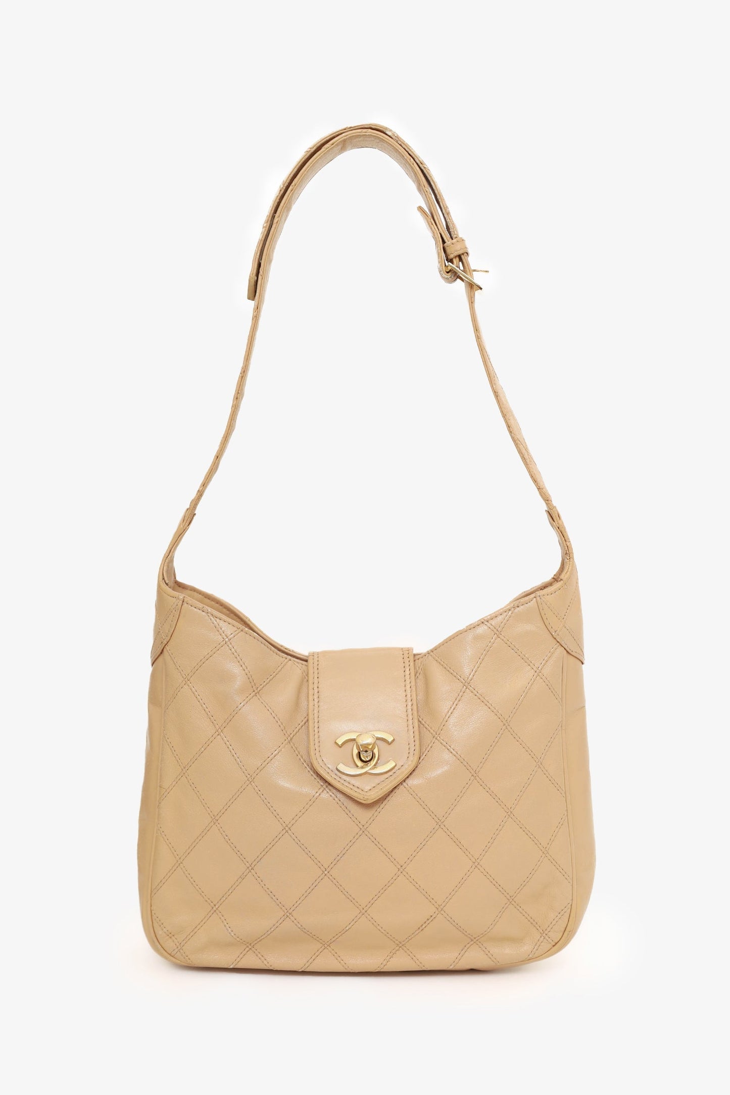Chanel 1986-88 Beige Quilted Lambskin CC Hobo Shoulder Bag with Pouch