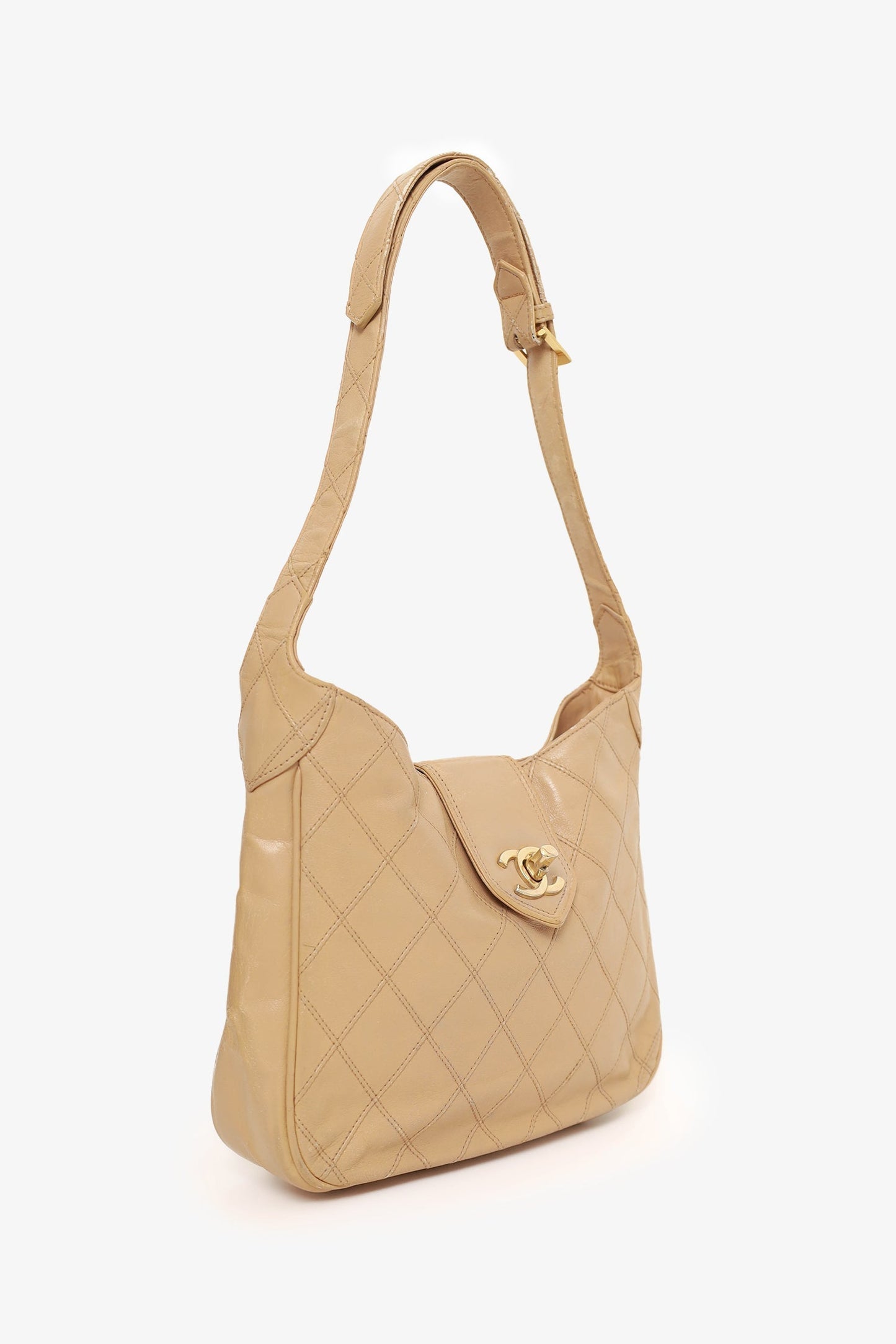 Chanel 1986-88 Beige Quilted Lambskin CC Hobo Shoulder Bag with Pouch