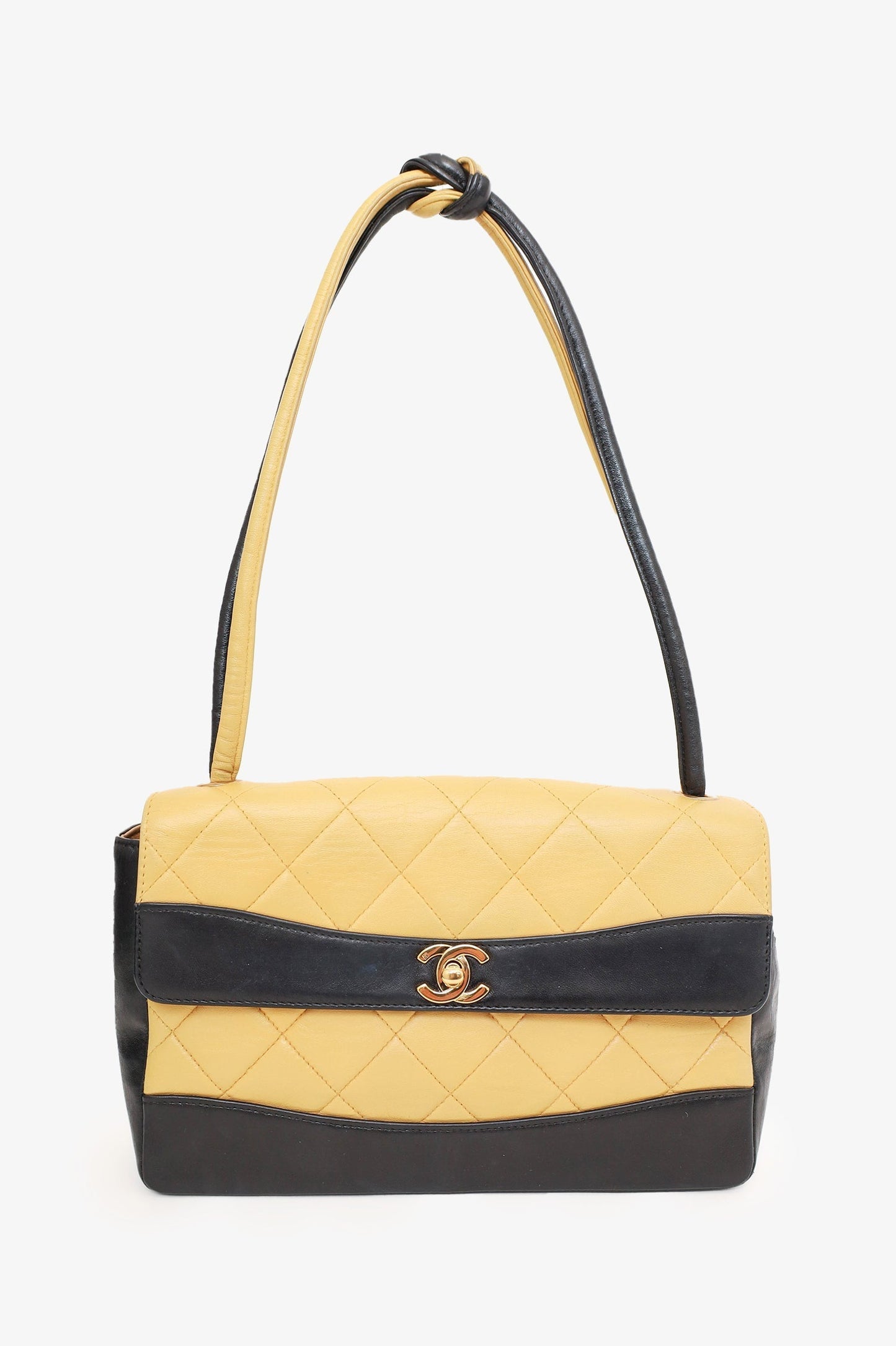 Chanel 2000-02 Beige/Black Quilted Lambskin Tie Knot Flap Bag
