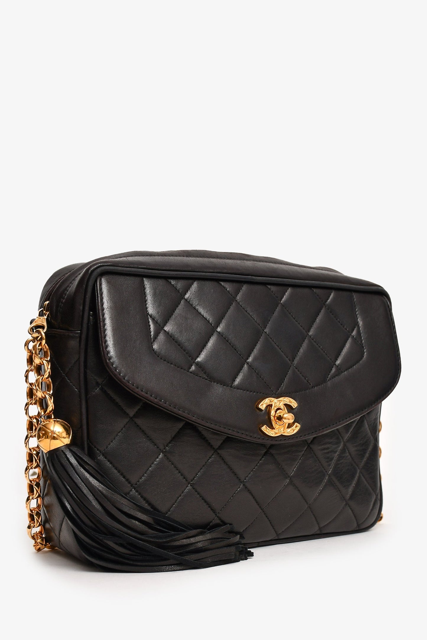 Chanel 1991-4 Black Leather Quilted Turn Lock Camera Crossbody