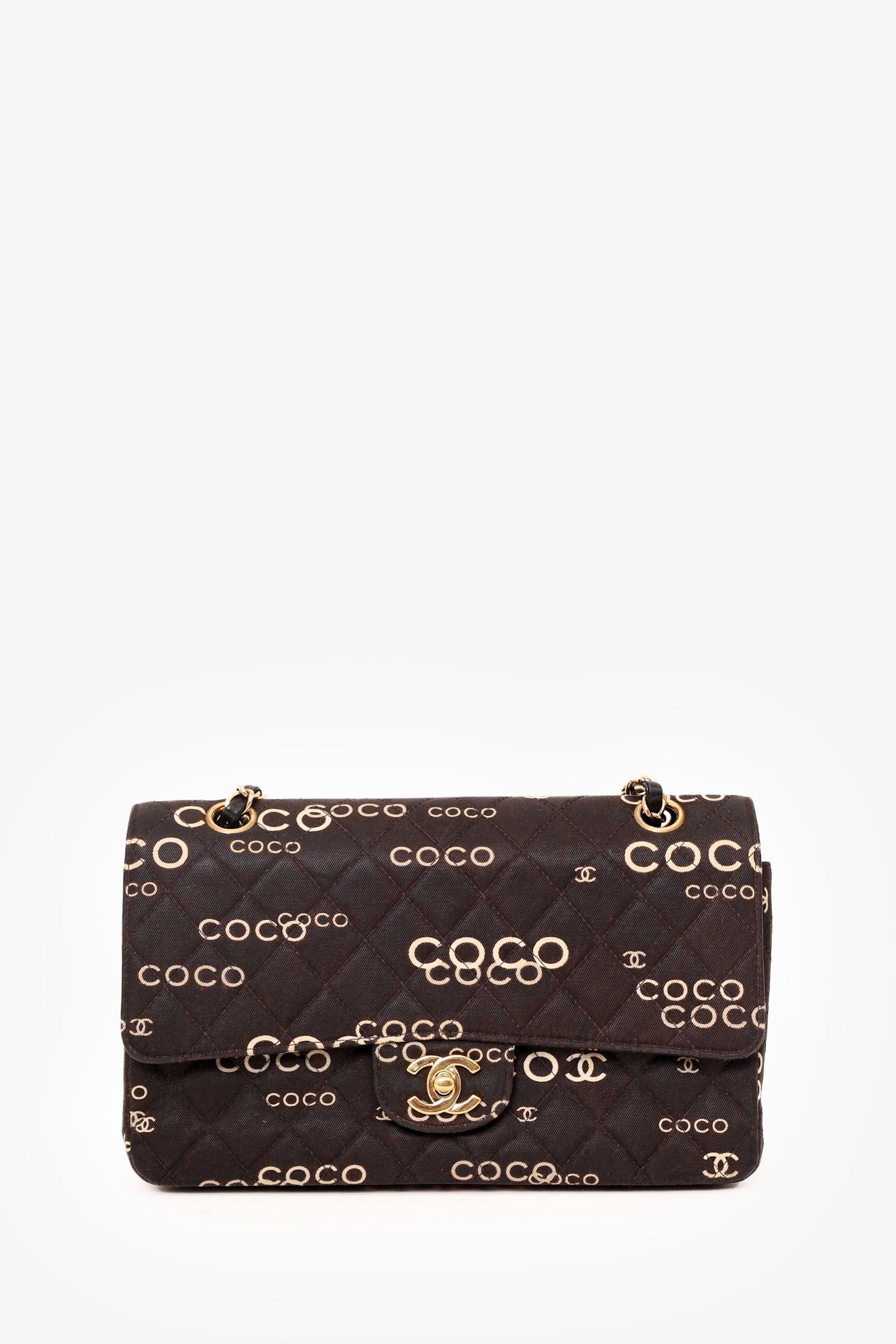 Chanel 2002-03 Black/White Quilted Coco Print Medium Double Flap Bag