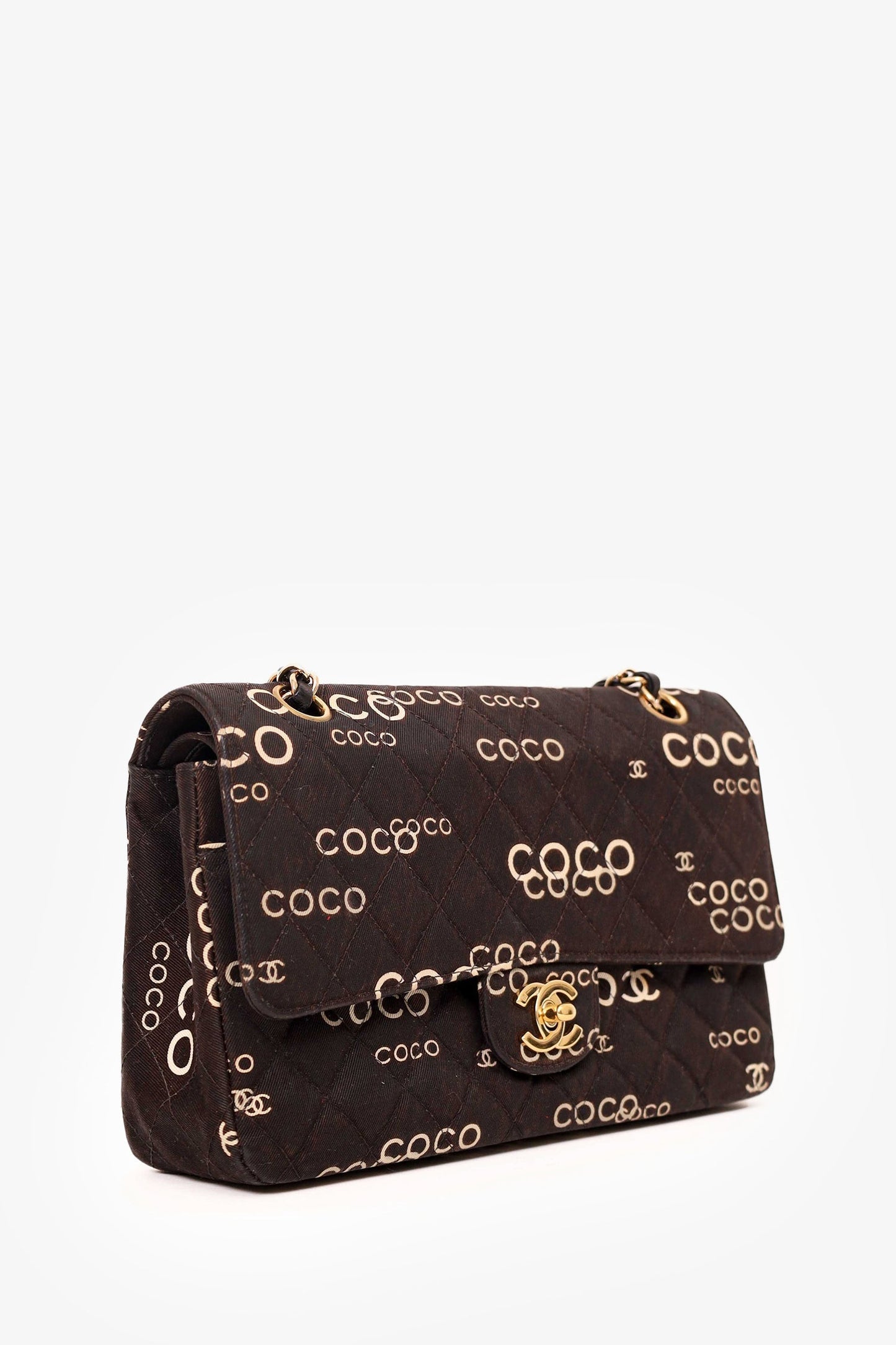 Chanel 2002-03 Black/White Quilted Coco Print Medium Double Flap Bag