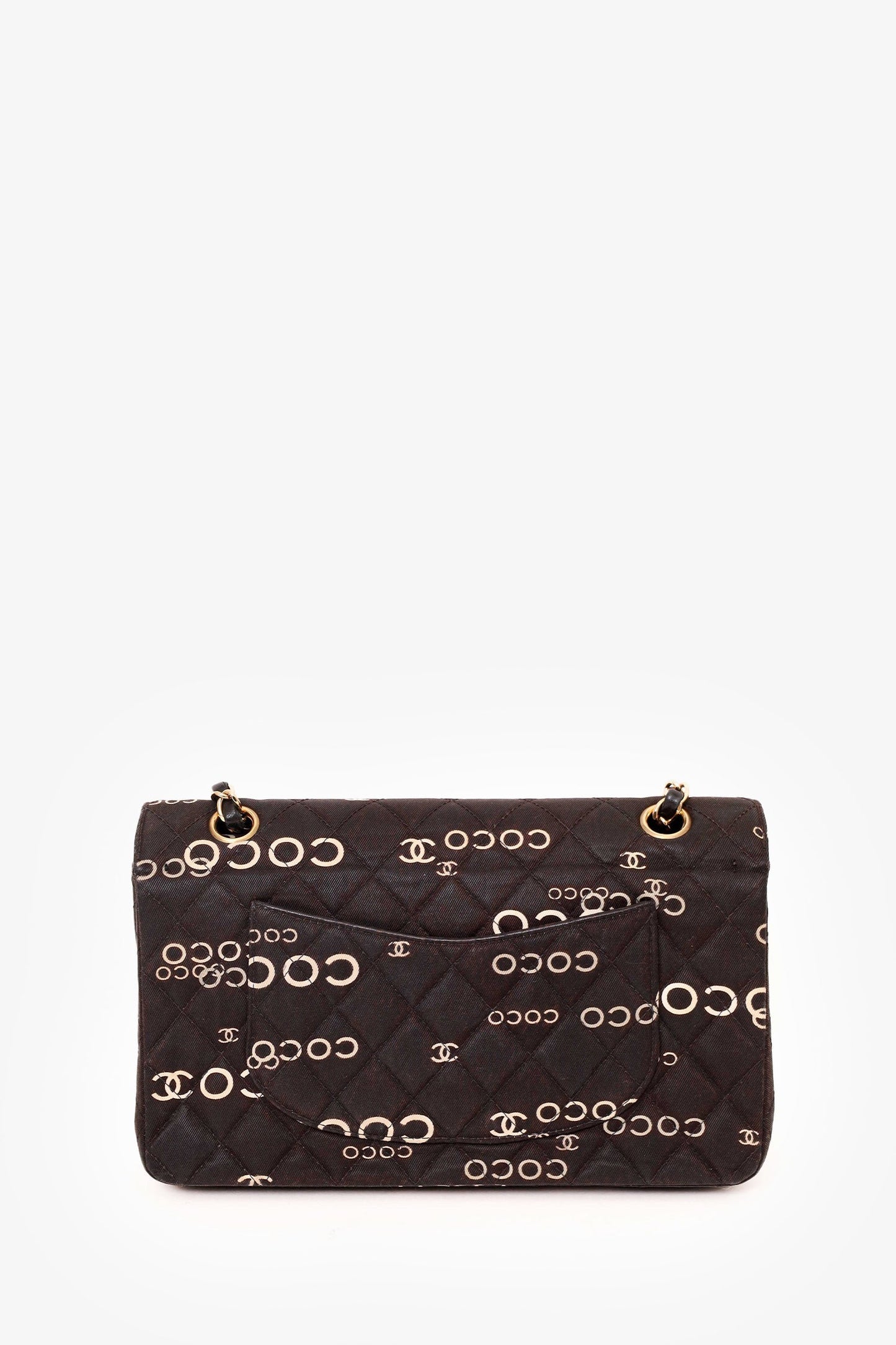 Chanel 2002-03 Black/White Quilted Coco Print Medium Double Flap Bag