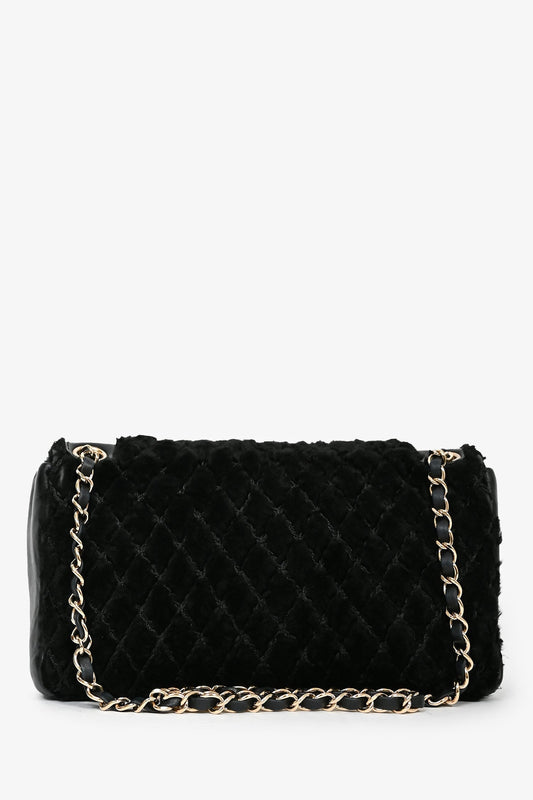 Chanel 2008/09 Black Rabbit Fur/Calfskin Leather Flap Bag