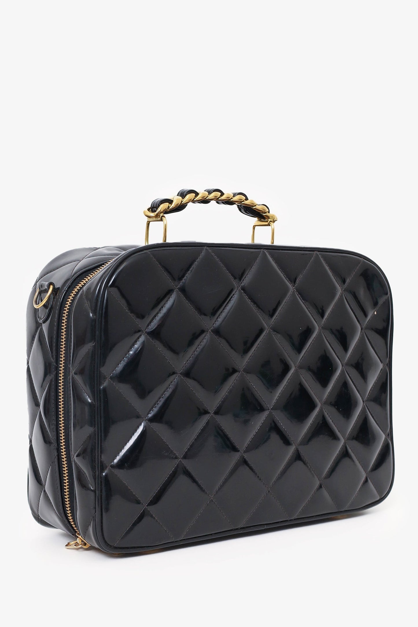 Chanel 1994-96 Black Patent Leather Large Vanity Case Handbag