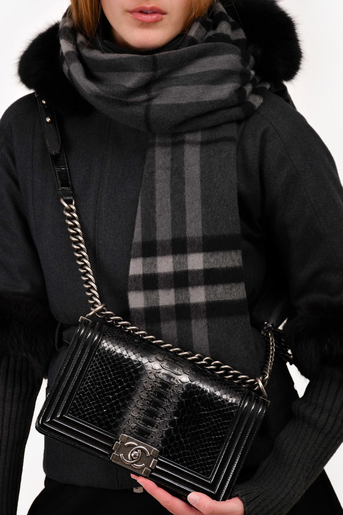 Chanel 2014-15 Black/Grey Python Medium Boy Bag