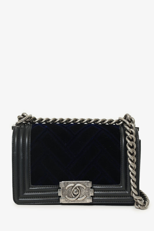 Chanel 2017 Black/Navy Velvet/Calfskin Small Boy Bag