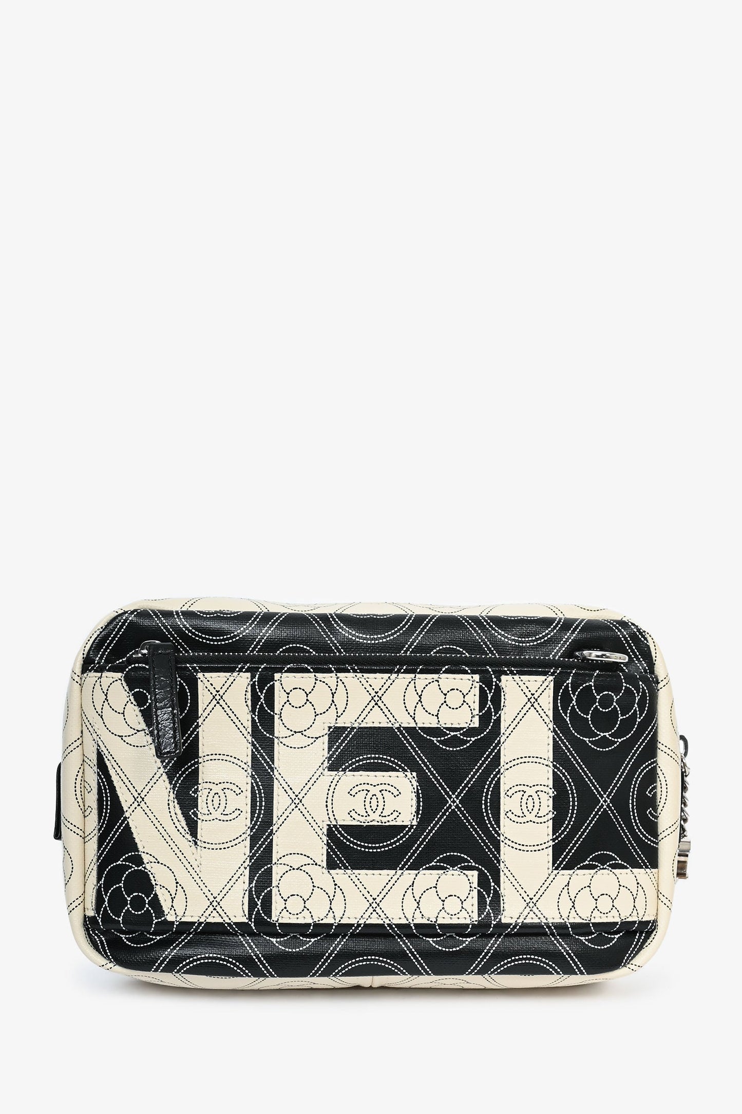 Chanel 2017/18 Black/White Coated Canvas Camellia Logo Camera Bag with Strap