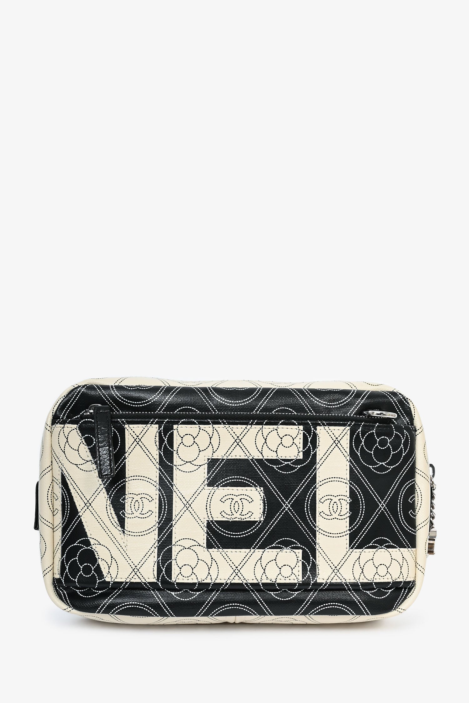 Chanel 2017/18 Black/White Coated Canvas Camellia Logo Camera Bag with Strap