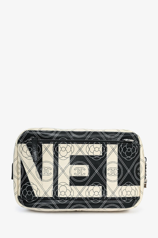 Chanel 2017/18 Black/White Coated Canvas Camellia Logo Camera Bag with Strap
