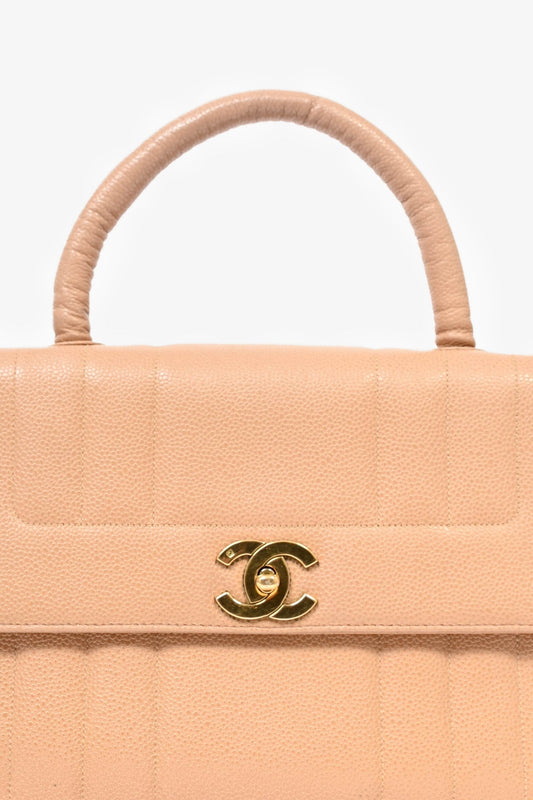 Chanel 1995 Beige Caviar Leather Kelly Mademoiselle Top Handle Handbag